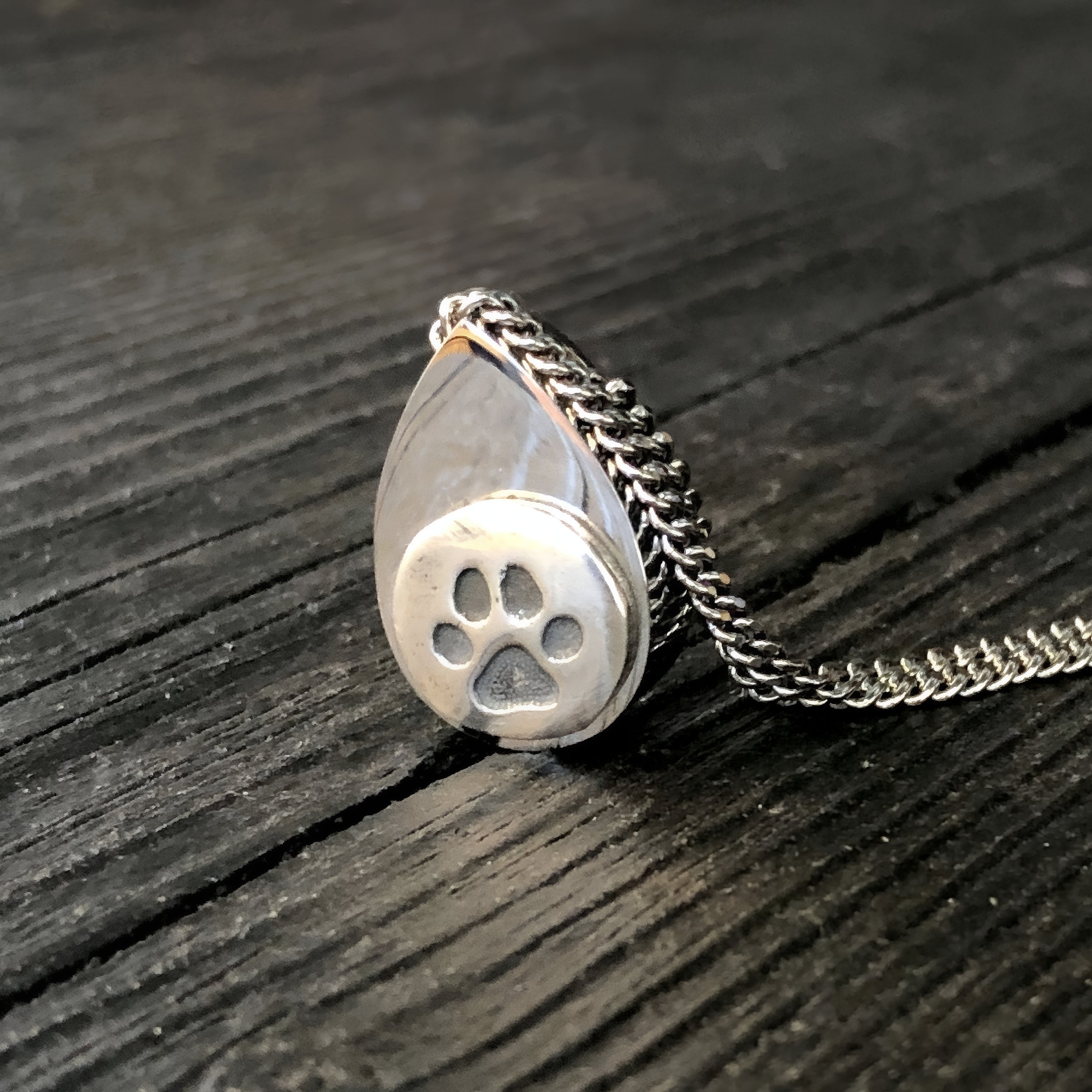 Cat Paw Print Tear Drop Cremation Ash Urn Necklace - Sterling Silver on Stainless Steel - Custom Engraved Personalised Mourning Pet Urn