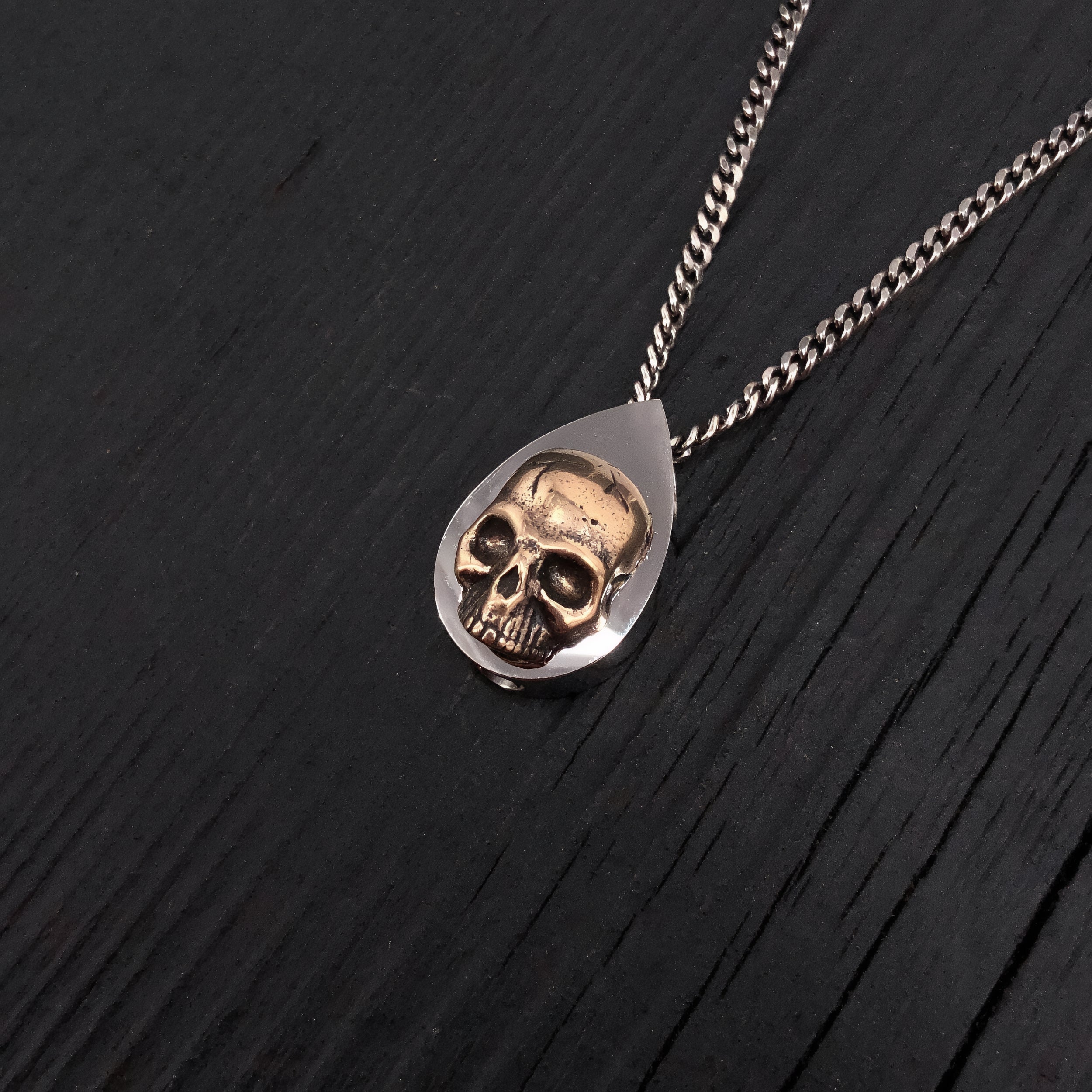 Human Skull Tear Drop Cremation Ash Urn Necklace - Bronze on Stainless Steel - Custom Engraved Personalized Mourning Urn