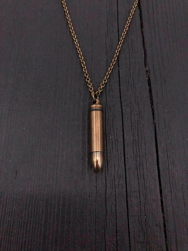 Bullet Canister Necklace in Brass Capsule with Antique Finish Vial Cremation Urn