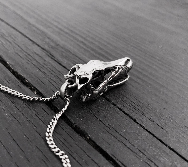 Skull necklace on rustic wooden table, intricate design | Moon Raven