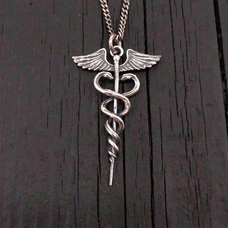 Caduceus Necklace in Solid Sterling Silver Medical Symbol Jewelry- Gift for Doctor Nurse or Medical Student Pendant Medicine Gift