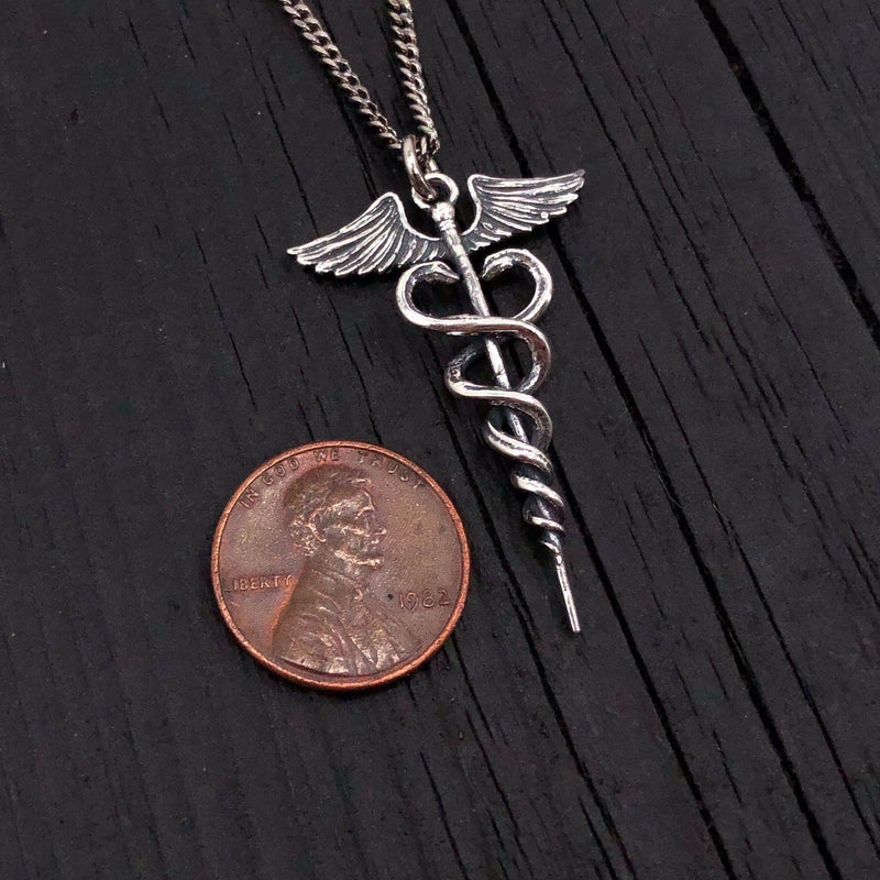 Caduceus Necklace in Solid Sterling Silver Medical Symbol Jewelry- Gift for Doctor Nurse or Medical Student Pendant Medicine Gift