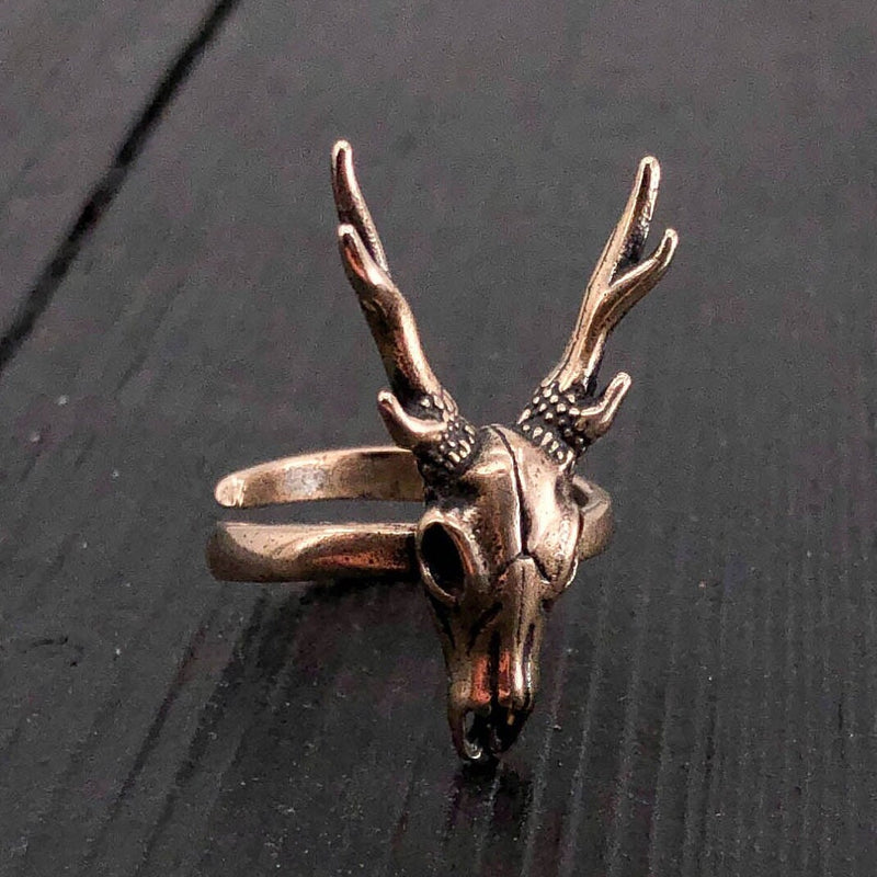 Stag Deer Skull Antler Ring in Solid Bronze - Sizes 5 to 11.5 - Unisex Woodland Nature Lover Gift