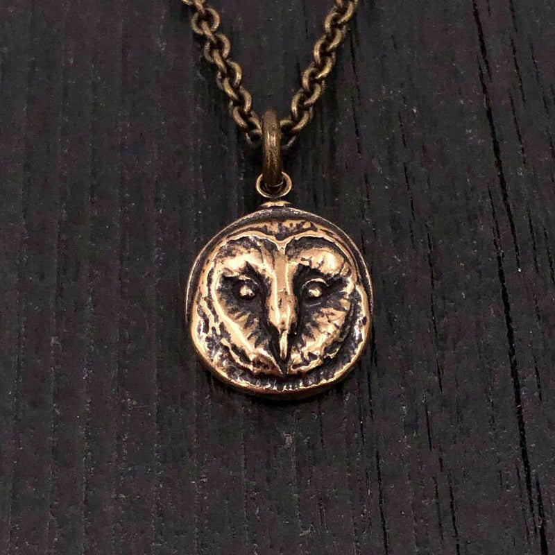 Solid Bronze Barn Owl Face Pendant - 1/2" Diameter, Engravable Back, Unique Gift for Owl Lovers
