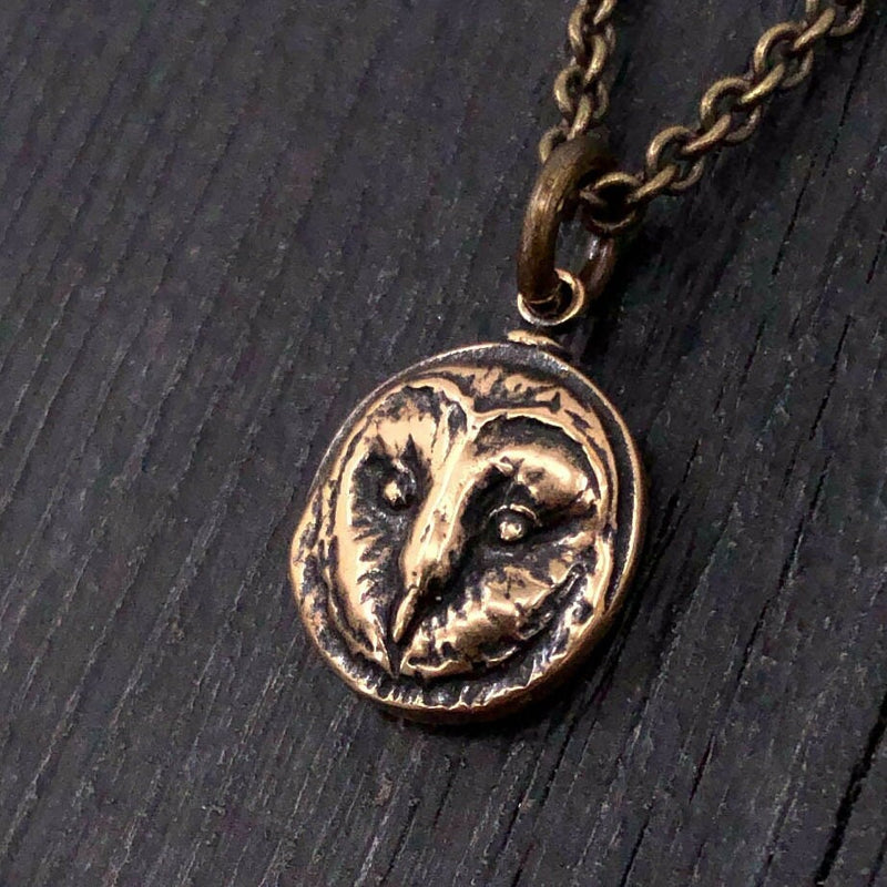 Solid Bronze Barn Owl Face Pendant - 1/2" Diameter, Engravable Back, Unique Gift for Owl Lovers