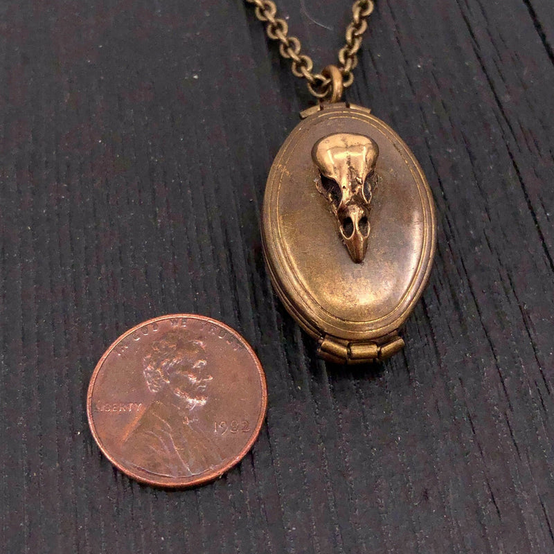 Antique Brass Victorian Bird Skull Folding Locket Pendant Necklace - Memory Keepsake Photo Locket - Rare Unique Gift