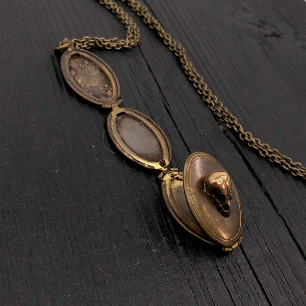 Antique Brass Victorian Bird Skull Folding Locket Pendant Necklace - Memory Keepsake Photo Locket - Rare Unique Gift