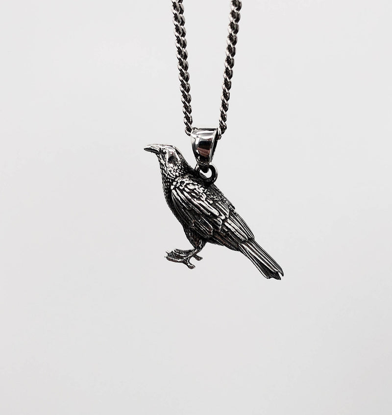 Silver Standing Raven Necklace Charm Pendant in Solid Hand Cast 925 Sterling Silver - Standing Crow Bird Unisex Nature Jewelry Gift