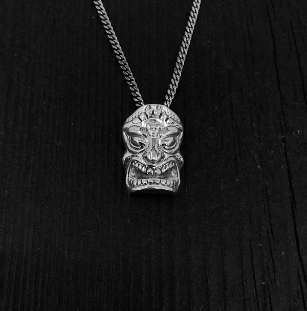 Sterling Silver Tiki Mask Pendant - Small 3/4" x 1/2" - Unique Layering Necklace with Hidden Bail