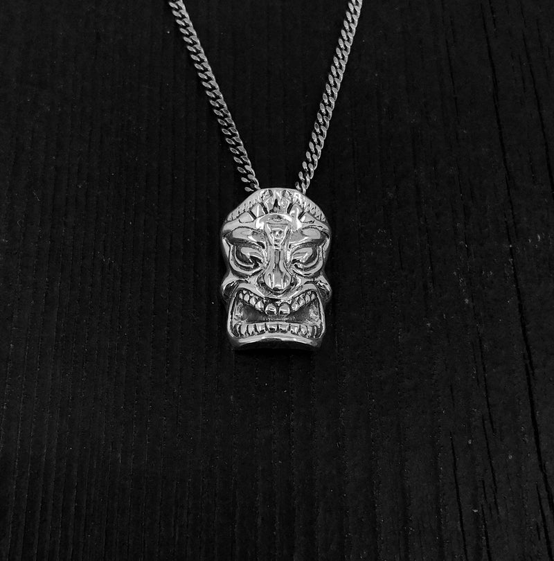 Sterling Silver Tiki Mask Pendant - Small 3/4" x 1/2" - Unique Layering Necklace with Hidden Bail