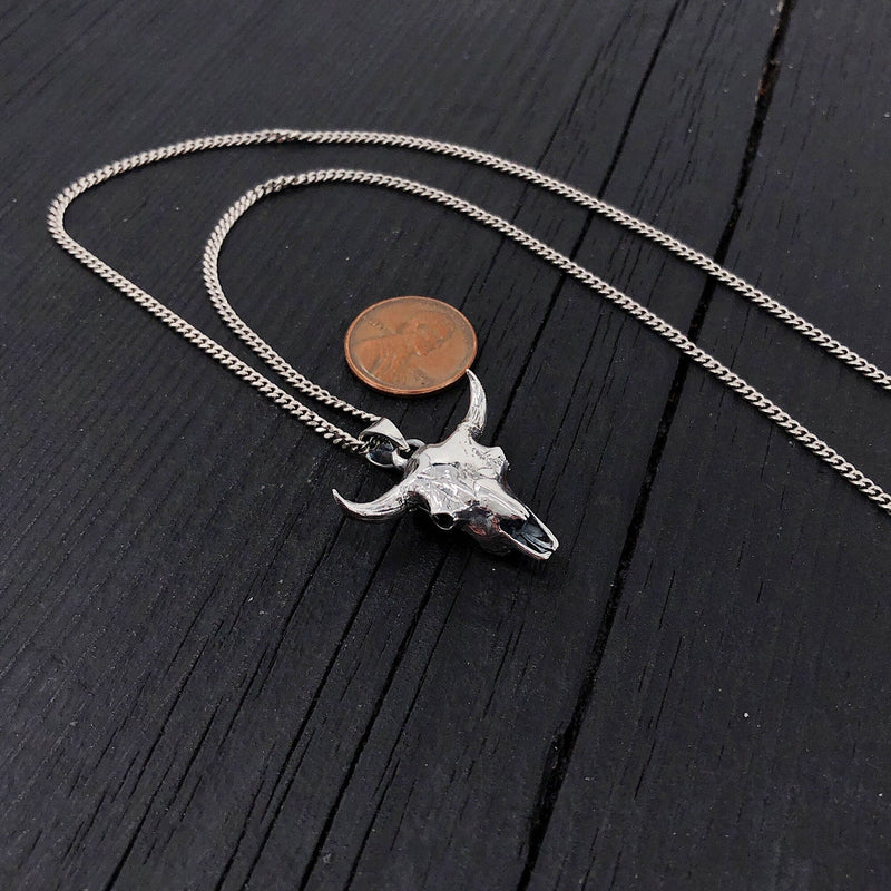 Solid Sterling Silver Bison Skull Necklace - Detailed Americana Jewelry - Unisex Statement Jewelry Gift