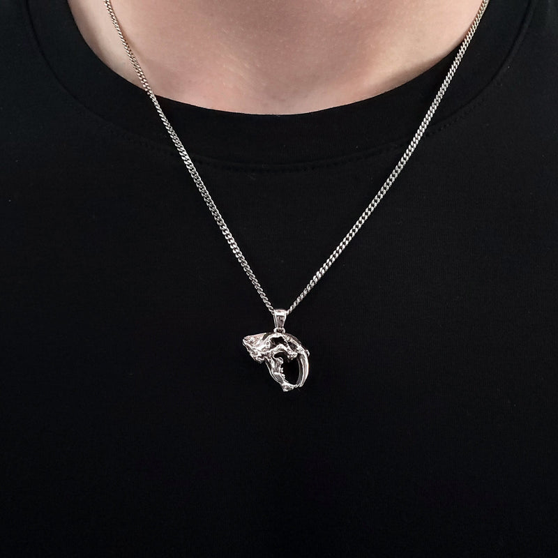 Sabre Tooth Animal Skull Charm Pendant Necklace - Solid 925 Sterling Silver - Unisex Ice Age Smilodon Inspired Jewelry Gift