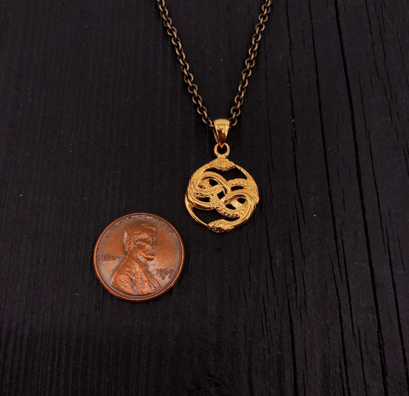 Mini Auryn Pendant Necklace 1/2" Gold Plated Stainless Steel Daily Wearable Fantasy Symbol with Entwined Serpents