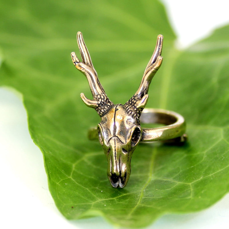 Stag Deer Skull Antler Ring in Solid Bronze - Sizes 5 to 11.5 - Unisex Woodland Nature Lover Gift