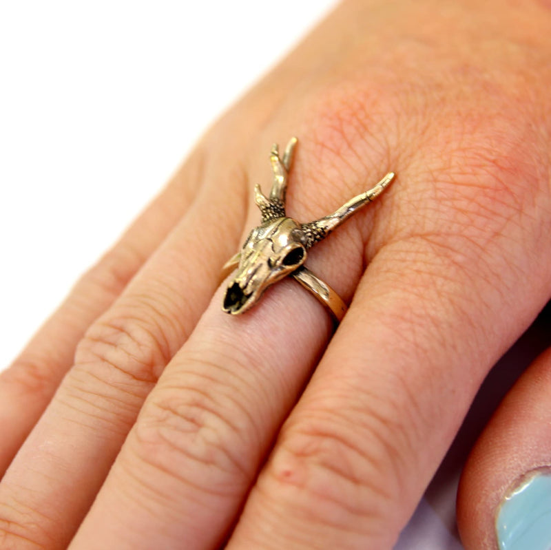Stag Deer Skull Antler Ring in Solid Bronze - Sizes 5 to 11.5 - Unisex Woodland Nature Lover Gift