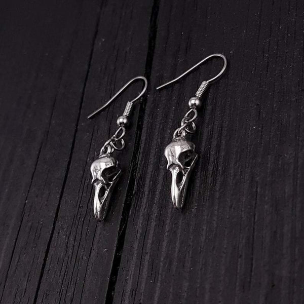 Sterling Silver Raven Skull Earrings Solid Hand Cast 925 Sterling Silver Surgical Stainless Steel Hooks - Moon Raven Designs