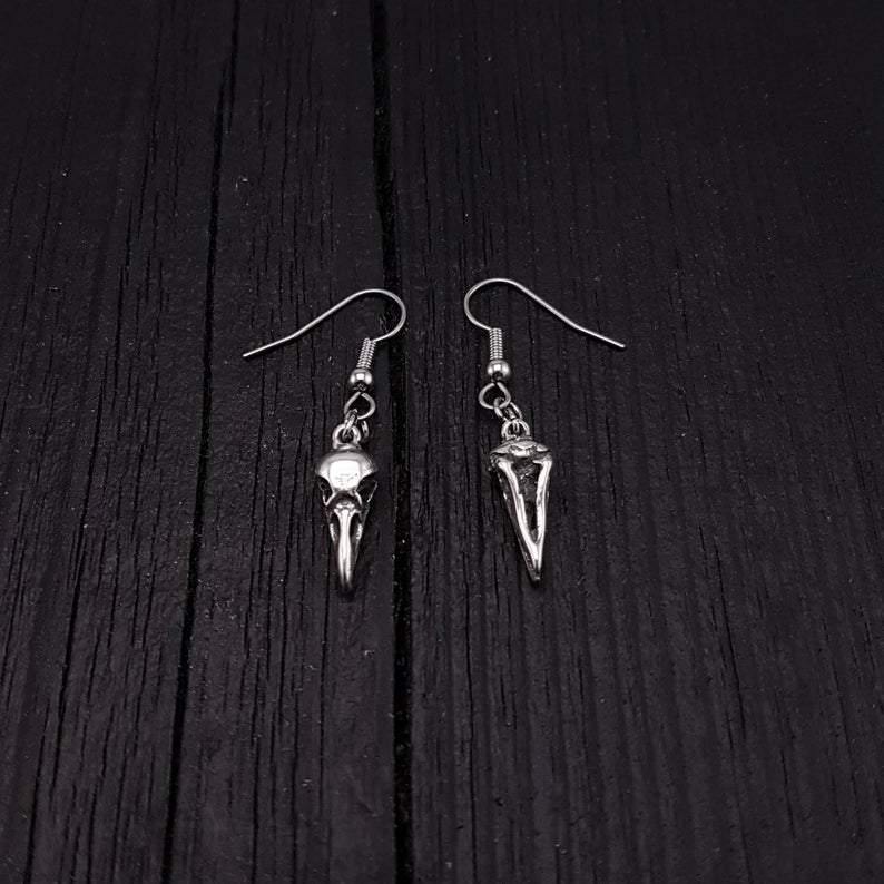 Sterling Silver Raven Skull Earrings Solid Hand Cast 925 Sterling Silver Surgical Stainless Steel Hooks - Moon Raven Designs