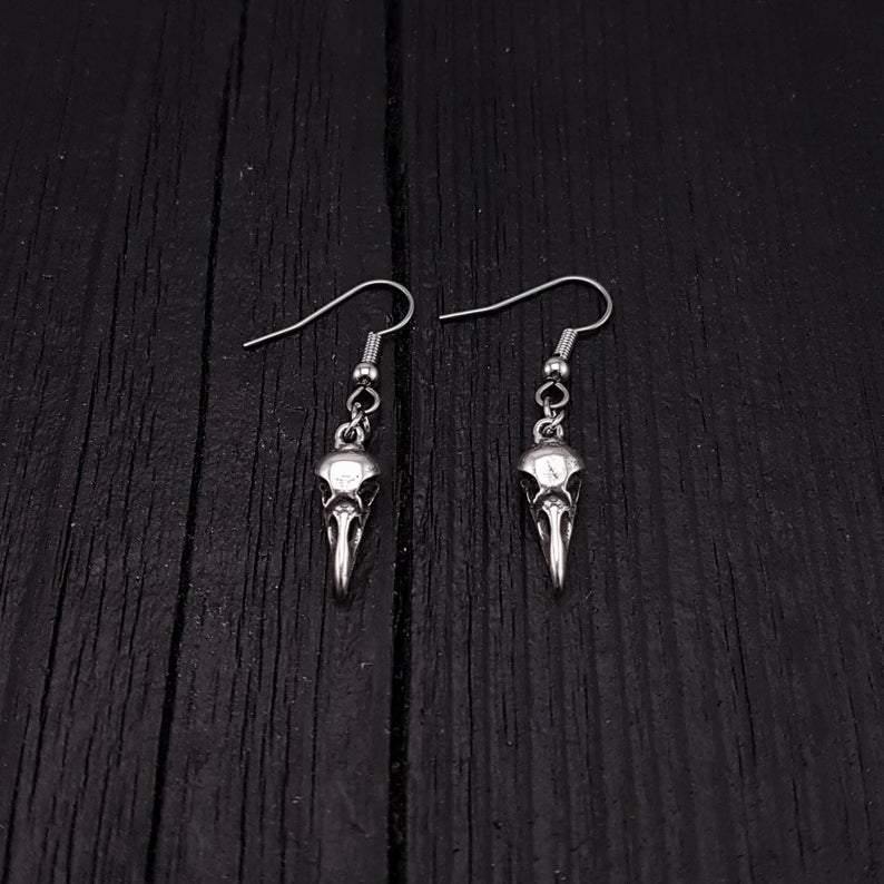 Sterling Silver Raven Skull Earrings Solid Hand Cast 925 Sterling Silver Surgical Stainless Steel Hooks - Moon Raven Designs