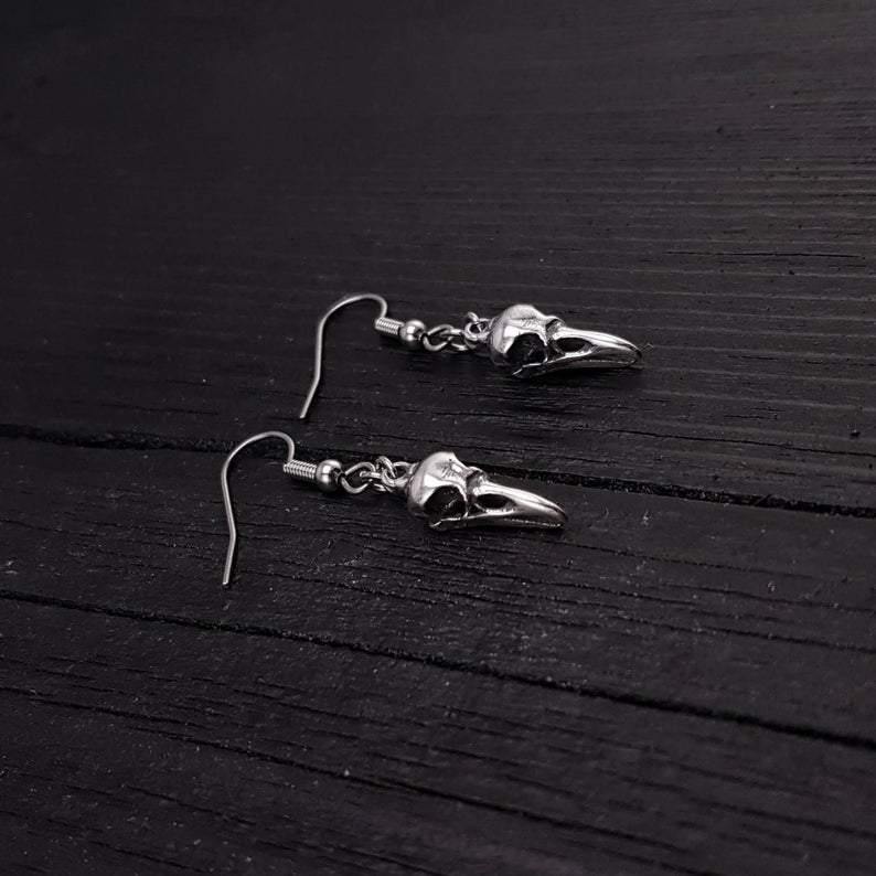 Sterling Silver Raven Skull Earrings Solid Hand Cast 925 Sterling Silver Surgical Stainless Steel Hooks - Moon Raven Designs
