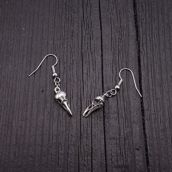 Sterling Silver Raven Skull Earrings Solid Hand Cast 925 Sterling Silver Surgical Stainless Steel Hooks - Moon Raven Designs