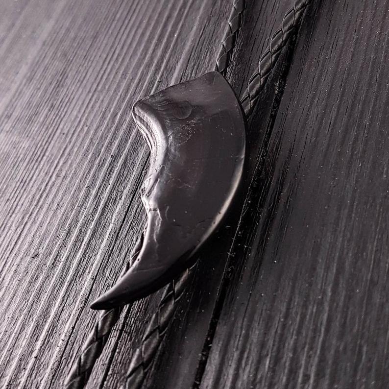 Black Bear Claw Bolo Tie Hand Cast Onyx Resin Black Braided Cord with Silver Tips - Moon Raven Designs