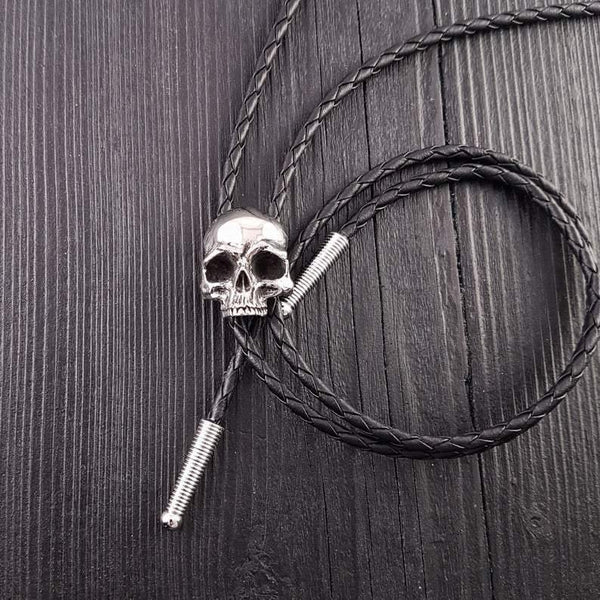 Human Skull Bolo Tie Solid Hand Cast Stainless Steel 42" Braided Cord - Moon Raven Designs