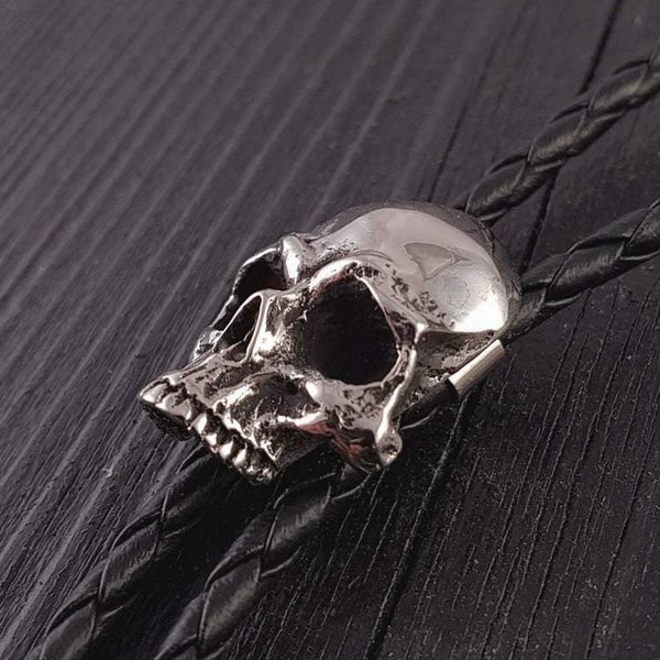 Human Skull Bolo Tie Solid Hand Cast Stainless Steel 42" Braided Cord - Moon Raven Designs