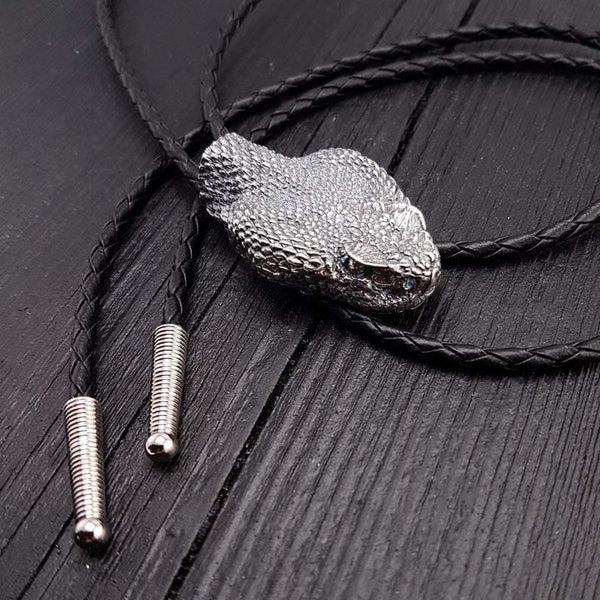 Silver Rattlesnake Bolo Tie Life Size Silver Plated Bronze Black Braided Cord with Silver Tips - Moon Raven Designs