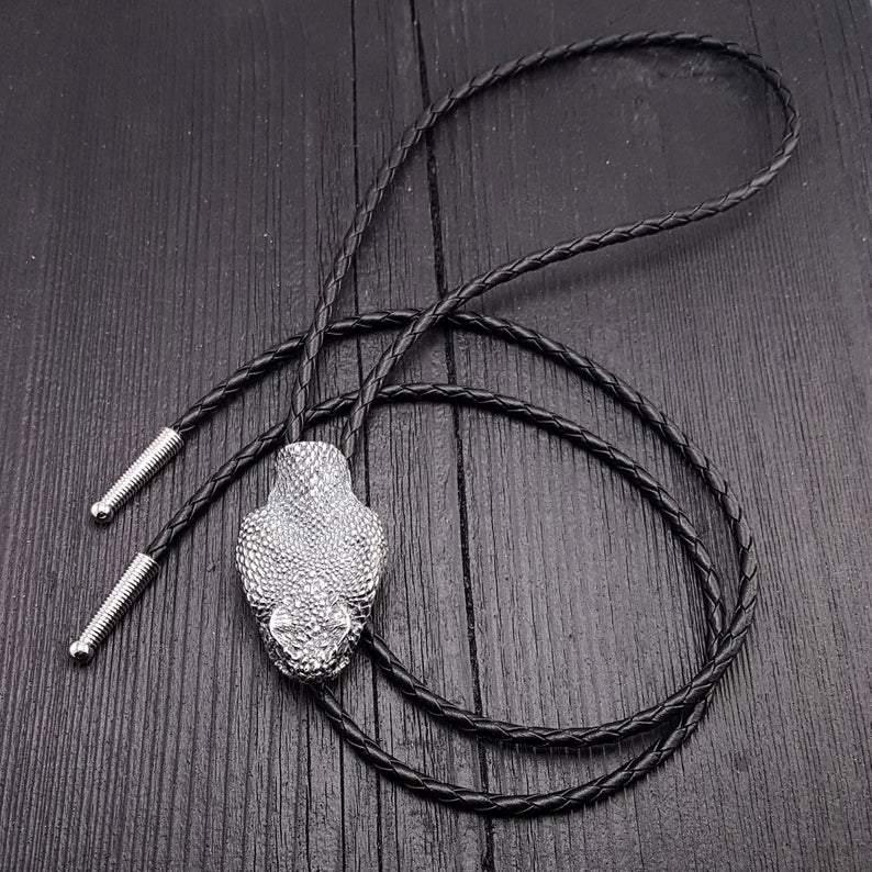 Silver Rattlesnake Bolo Tie Life Size Silver Plated Bronze Black Braided Cord with Silver Tips - Moon Raven Designs