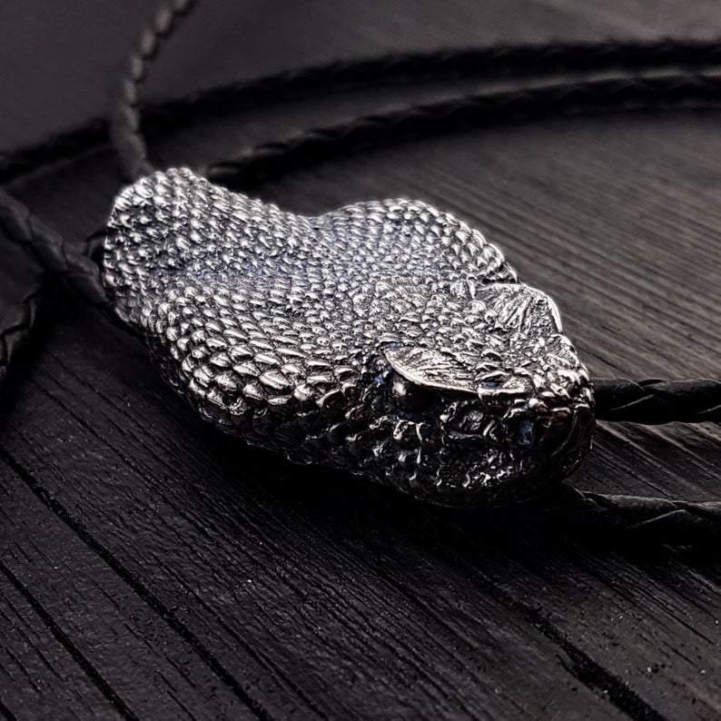 Silver Rattlesnake Bolo Tie Life Size Silver Plated Bronze Black Braided Cord with Silver Tips - Moon Raven Designs