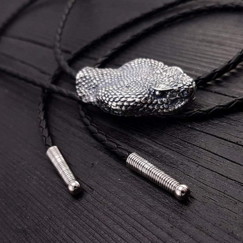 Silver Rattlesnake Bolo Tie Life Size Silver Plated Bronze Black Braided Cord with Silver Tips - Moon Raven Designs