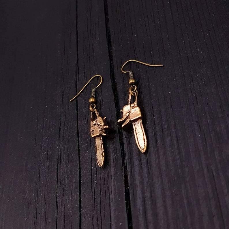 Chainsaw Dangle Earrings Solid Hand Cast Jewelers Bronze Polished Oxidised Finish Three Dimensional - Moon Raven Designs