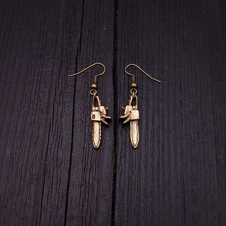 Chainsaw Dangle Earrings Solid Hand Cast Jewelers Bronze Polished Oxidised Finish Three Dimensional - Moon Raven Designs