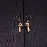 Chainsaw Dangle Earrings Solid Hand Cast Jewelers Bronze Polished Oxidised Finish Three Dimensional - Moon Raven Designs