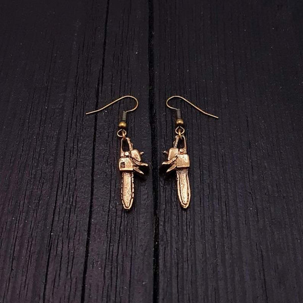 Chainsaw Dangle Earrings Solid Hand Cast Jewelers Bronze Polished Oxidised Finish Three Dimensional - Moon Raven Designs