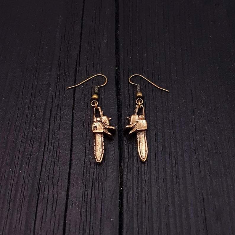 Chainsaw Dangle Earrings Solid Hand Cast Jewelers Bronze Polished Oxidised Finish Three Dimensional - Moon Raven Designs