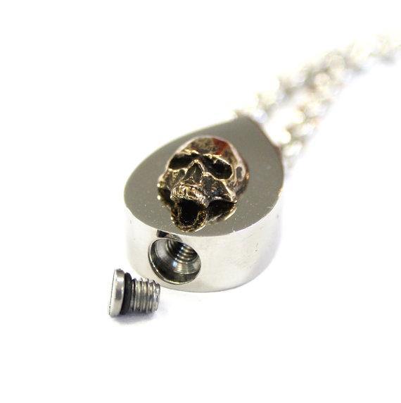 Bronze Human Skull Tear Drop Cremation Urn Pendant - Moon Raven Designs