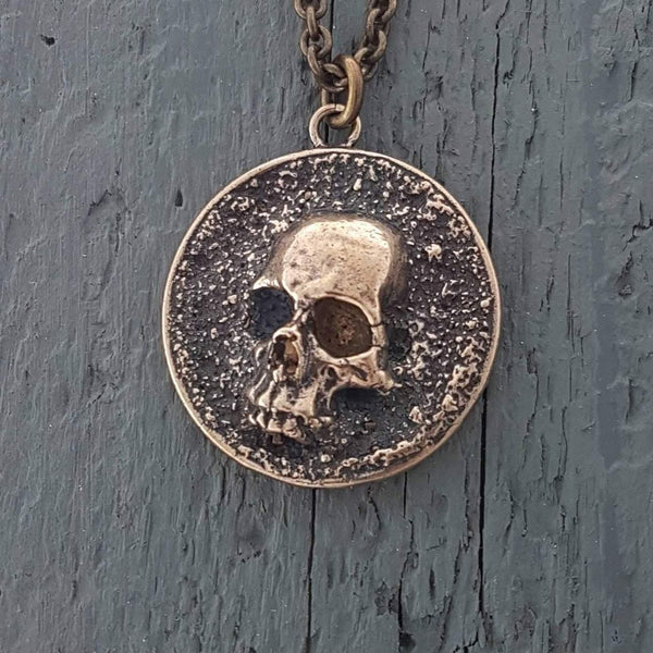 Pirate Skull Medallion Pendant Necklace Solid Gold Bronze - Moon Raven Designs