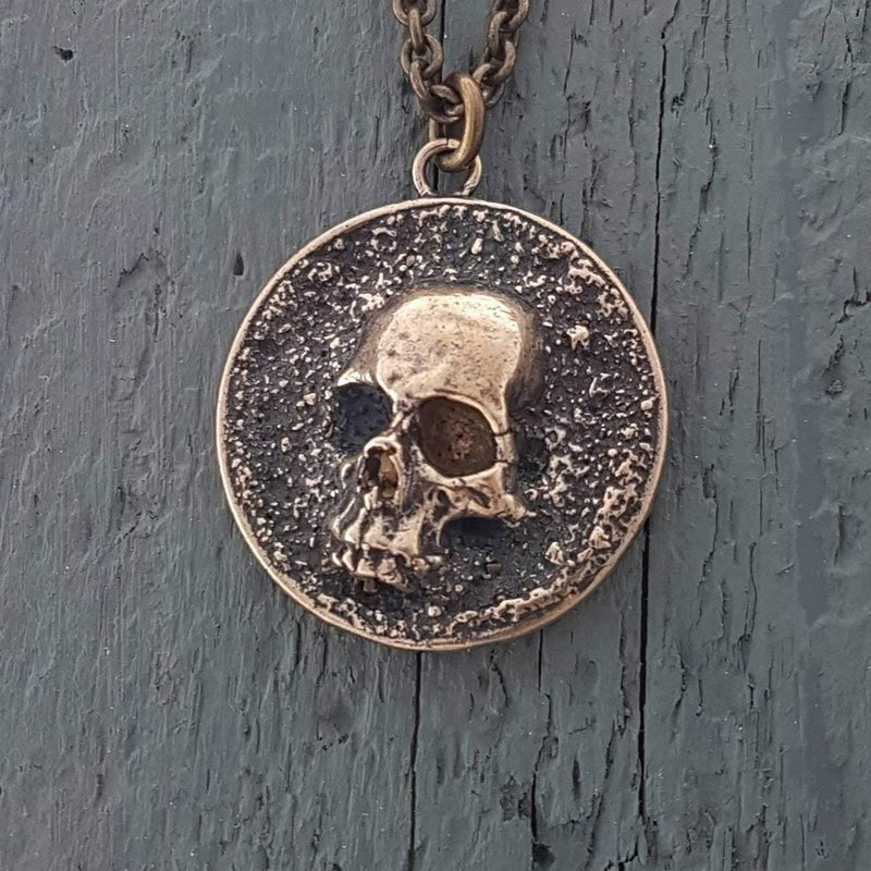 Pirate Skull Medallion Pendant Necklace Solid Gold Bronze - Moon Raven Designs