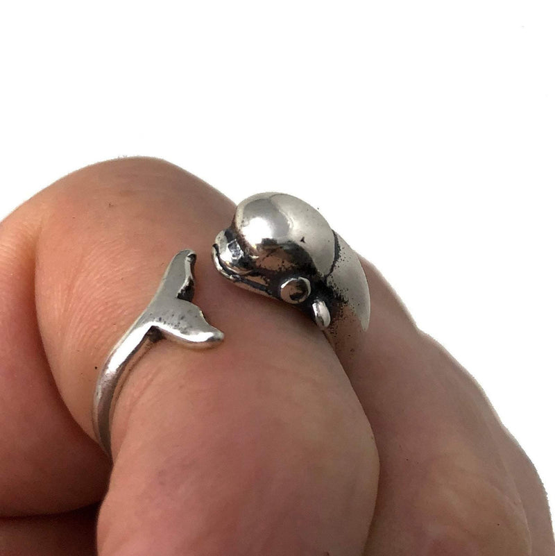 Beluga Whale Wrap Ring - Solid Hand Cast .925 Sterling Silver - Polished Oxidized Finish - Sizes 4.5 to 9 Available - Arctic Cetacean Gift - Moon Raven Designs
