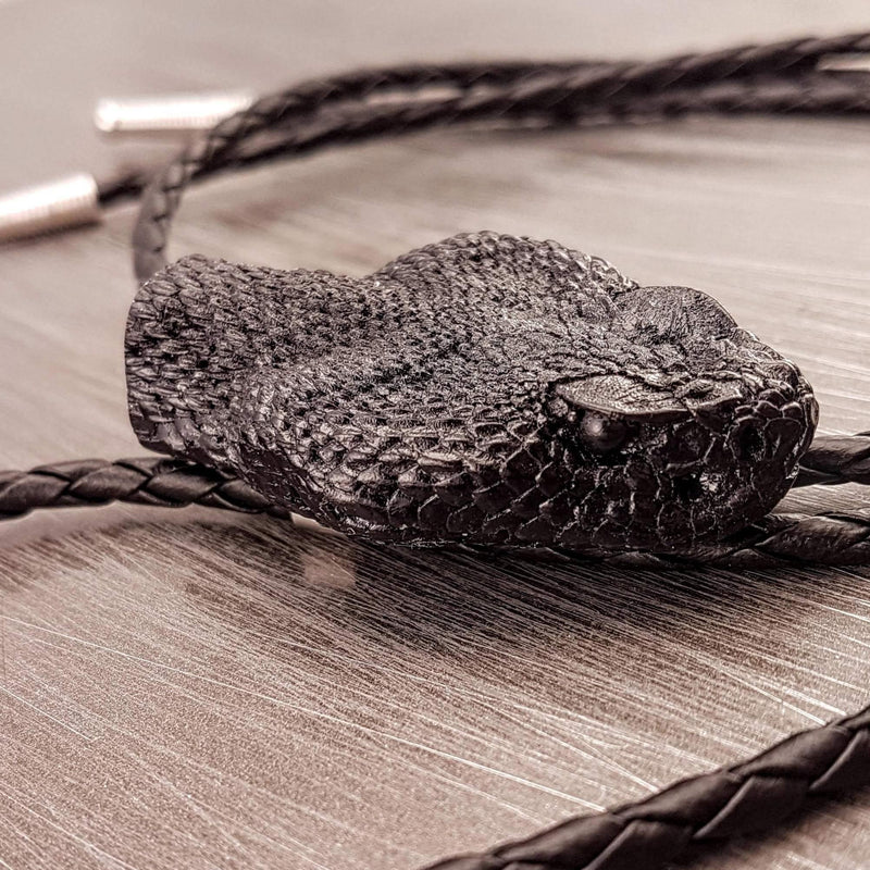 Black Rattlesnake Bolo Tie - Hand Cast Onyx Resin - Black Braided Cord with Silver Tips - Unique Snake Suit Accessory - Gift for Dad - Moon Raven Designs