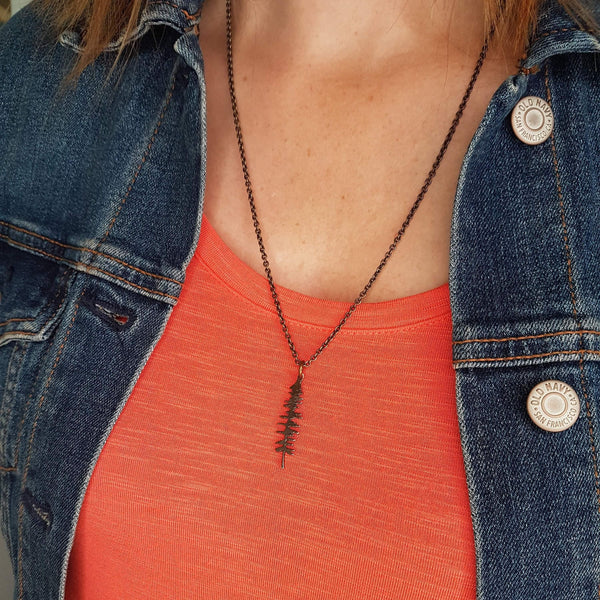 Spruce Tree Silhouette Sitka Charm Pendant Necklace Solid Cast Jeweler's Bronze - Moon Raven Designs