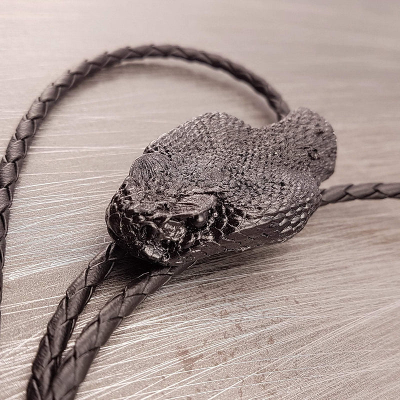 Black Rattlesnake Bolo Tie - Hand Cast Onyx Resin - Black Braided Cord with Silver Tips - Unique Snake Suit Accessory - Gift for Dad - Moon Raven Designs