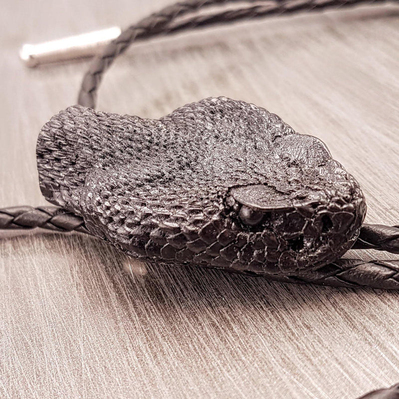 Black Rattlesnake Bolo Tie - Hand Cast Onyx Resin - Black Braided Cord with Silver Tips - Unique Snake Suit Accessory - Gift for Dad - Moon Raven Designs