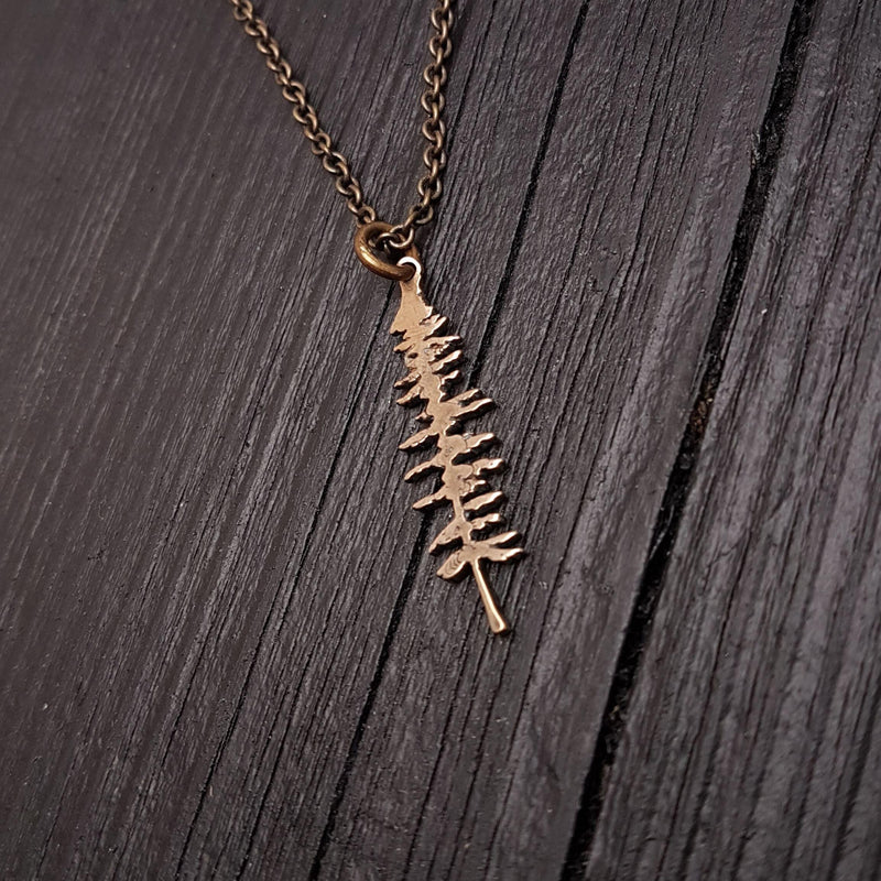 Spruce Tree Silhouette Sitka Charm Pendant Necklace Solid Cast Jeweler's Bronze - Moon Raven Designs