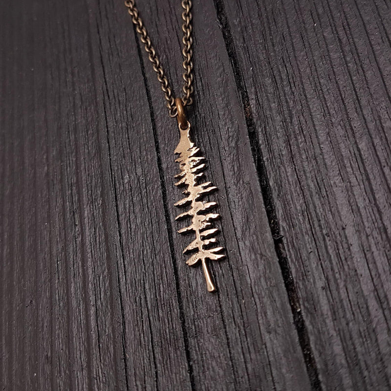 Spruce Tree Silhouette Sitka Charm Pendant Necklace Solid Cast Jeweler's Bronze - Moon Raven Designs