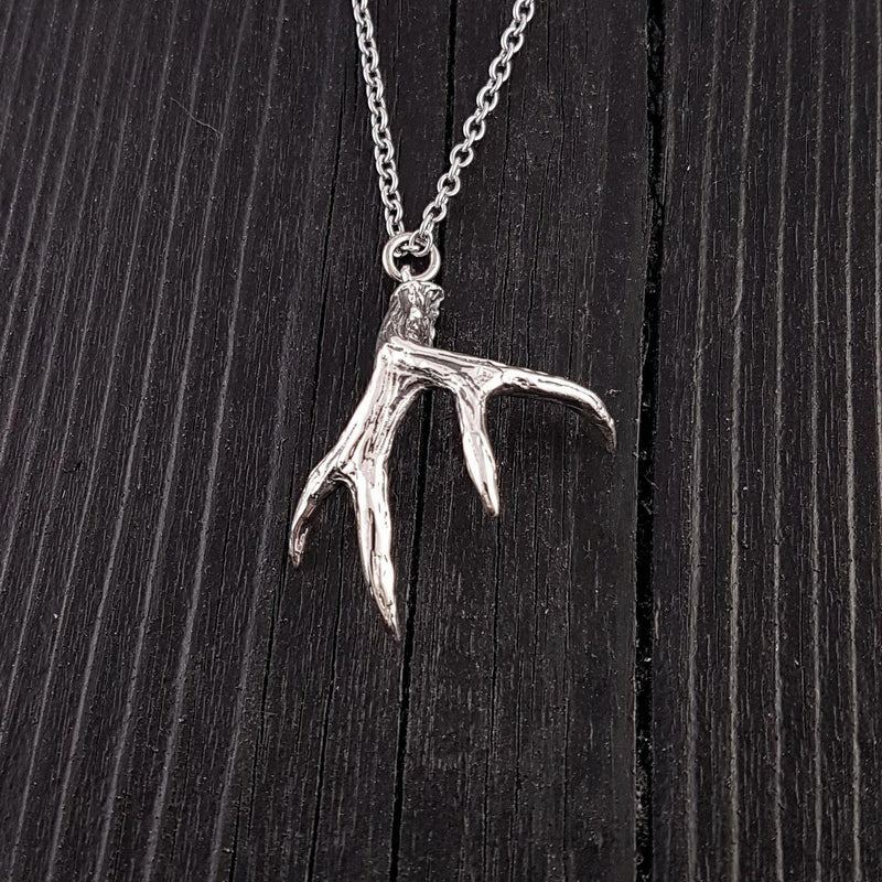 Mule Deer Antler Pendant Necklace Solid Cast 925 Sterling Silver - Moon Raven Designs