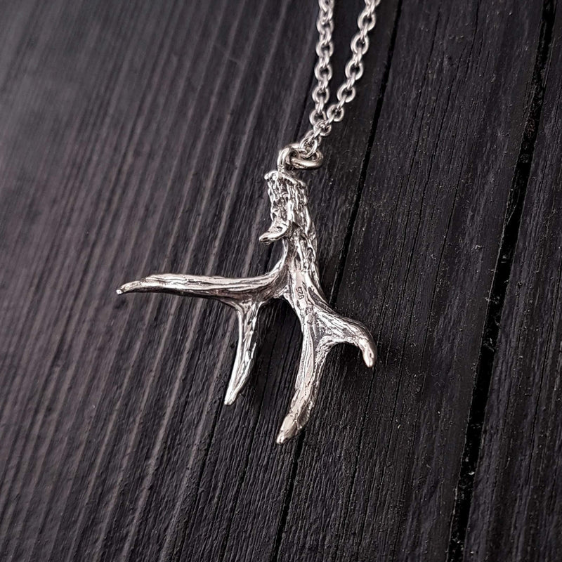Mule Deer Antler Pendant Necklace Solid Cast 925 Sterling Silver - Moon Raven Designs