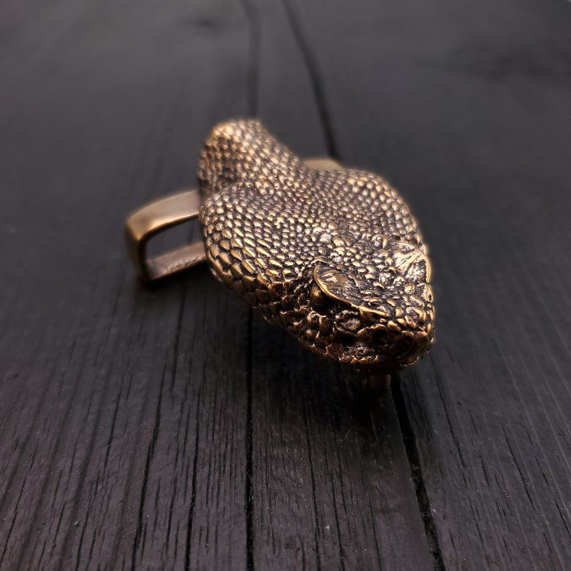 Rattlesnake Head Belt Buckle - Solid Hand Cast Bronze - Fits 1.5 Inch Belt - Oxidised Antique Finish - Life Size - Snake Gift for Him