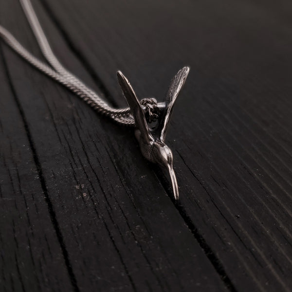 Hummingbird Charm Pendant Necklace - Solid Hand Cast 925 - Oxidized Polished Finish - Three dimensional Detail - Multiple Chain Lengths